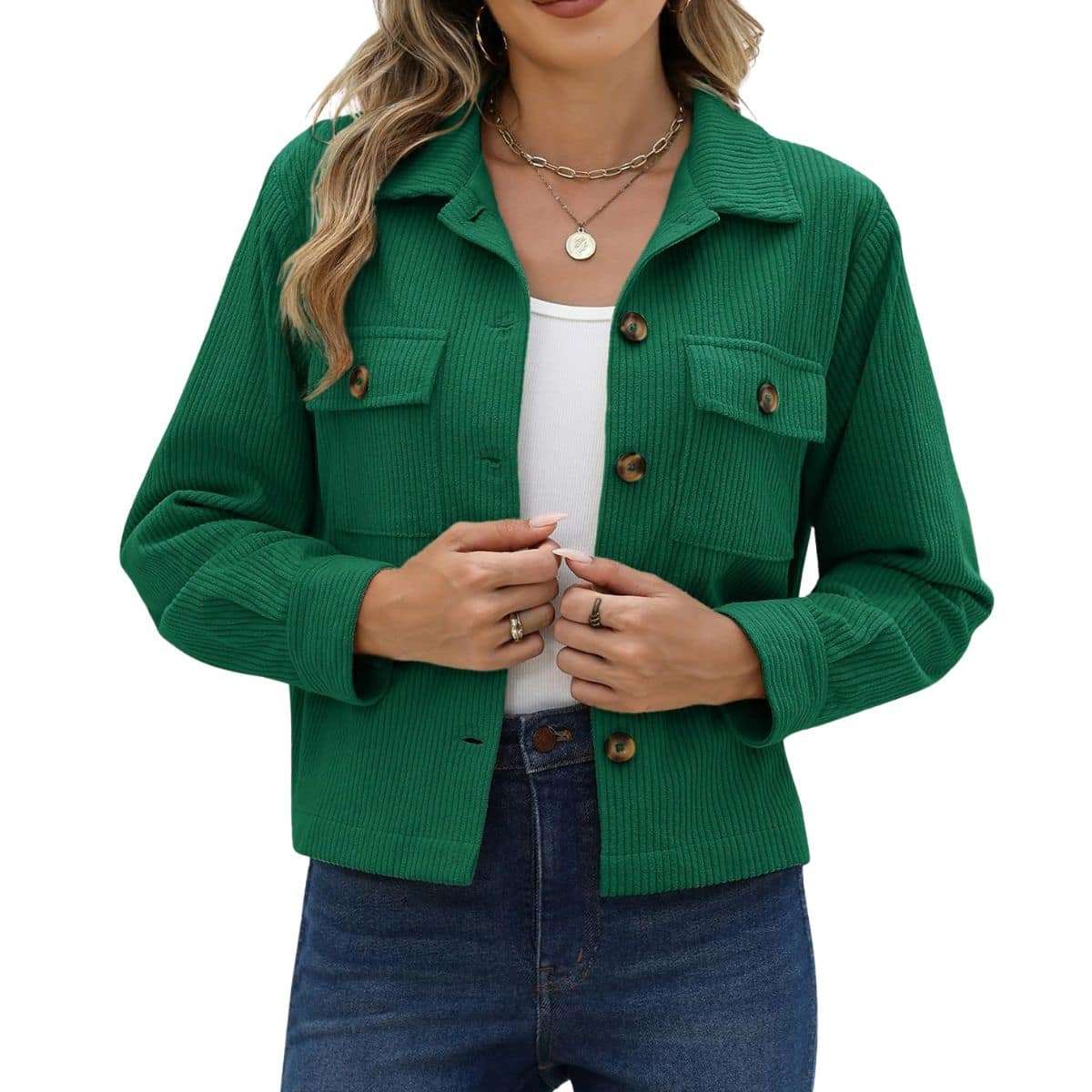 Women’s Fashion Cropped Corduroy Collared Long Sleeve Jacket
