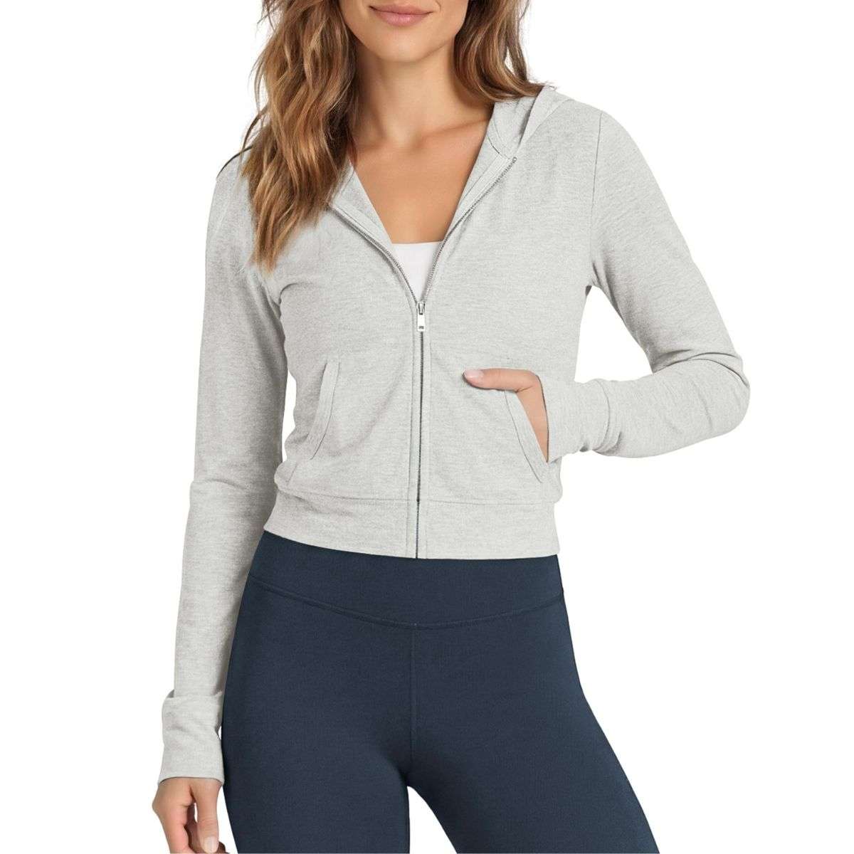 Women’s Full Zip Up Hooded Cropped Jacket with Pockets