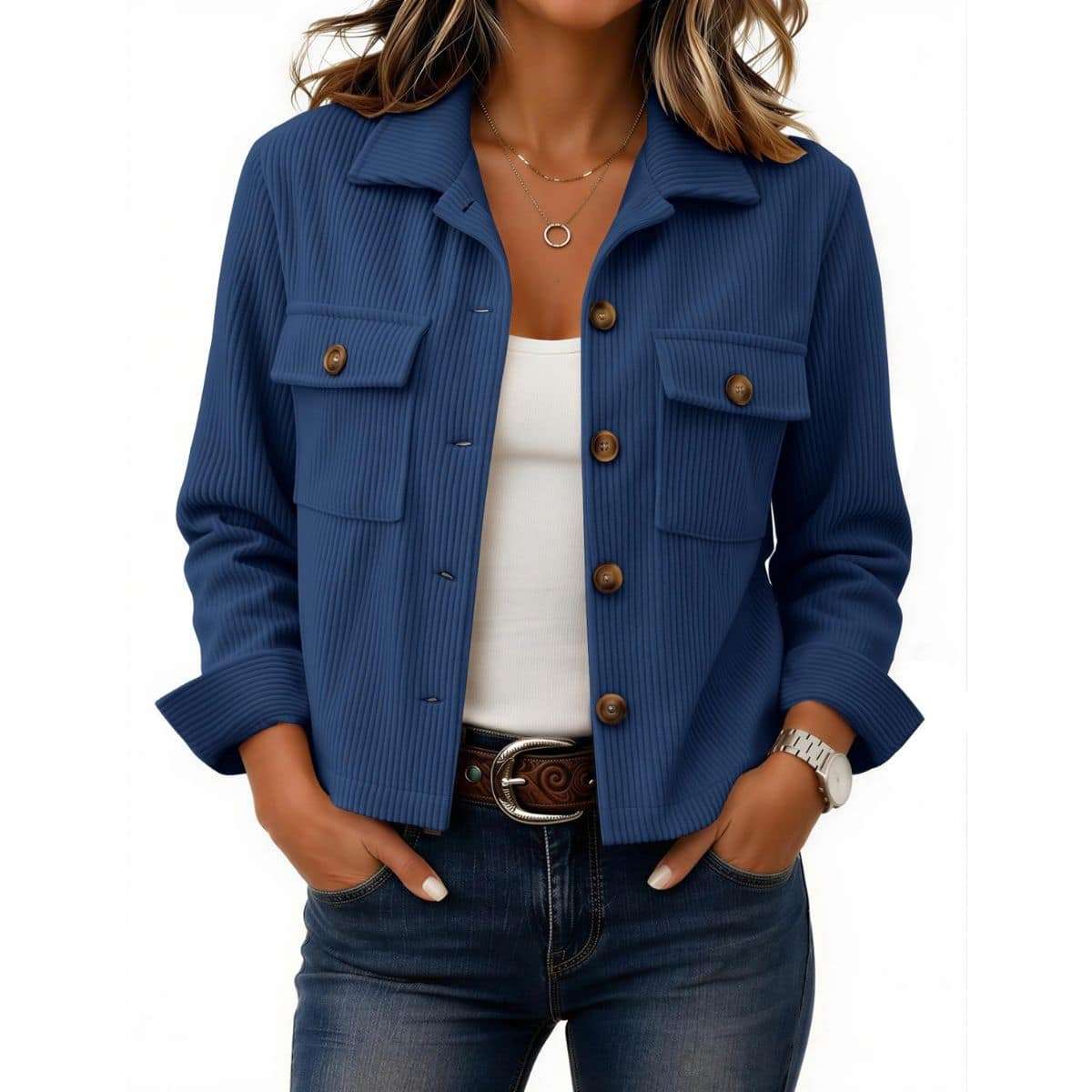 Women’s Fashion Cropped Corduroy Collared Long Sleeve Jacket
