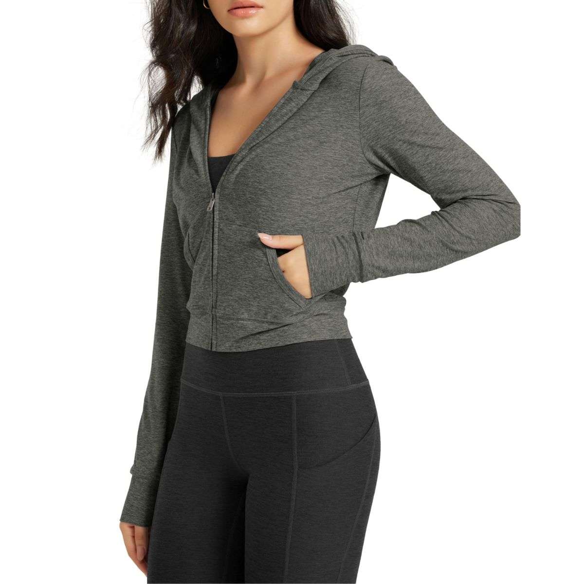 Women’s Full Zip Up Hooded Cropped Jacket with Pockets