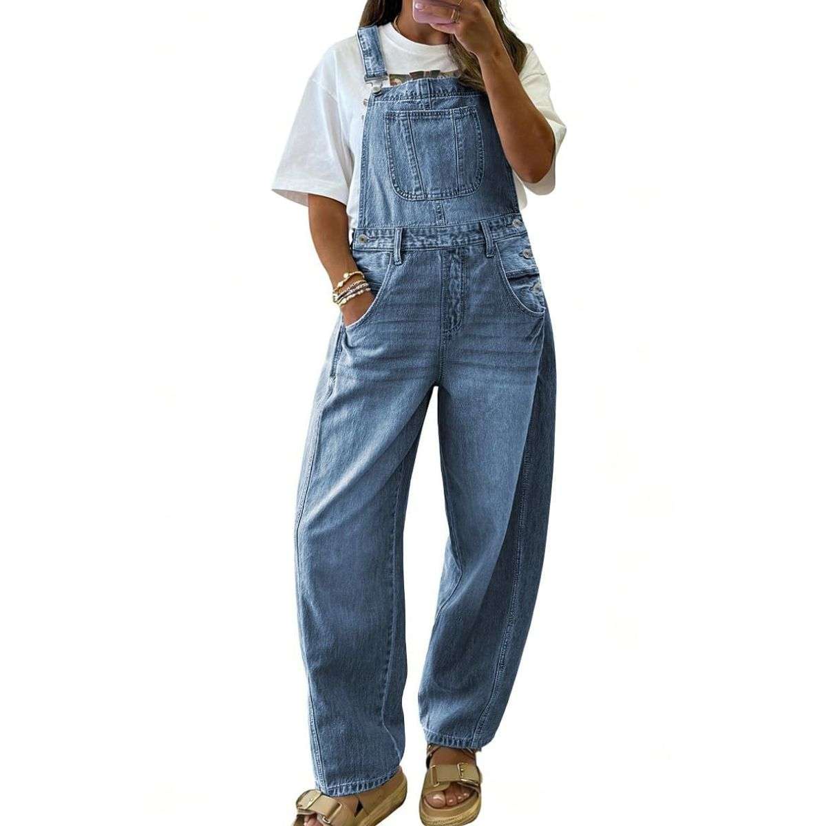 Women’s Loose Fit Adjustable Strap Cargo Denim Bib Overalls