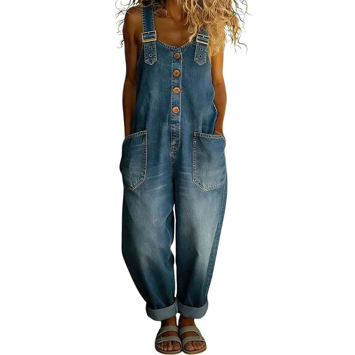 Women’s Y2K Style Button Front Wide Leg Denim Bib Overalls