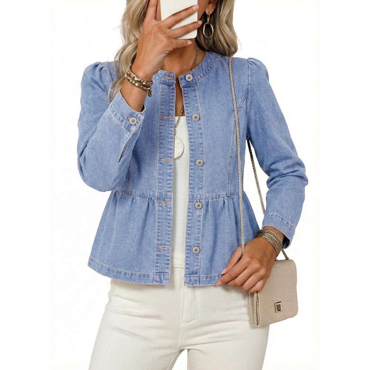 Women’s Collarless Button Front Cinched Waist Long Sleeve Denim Jacket