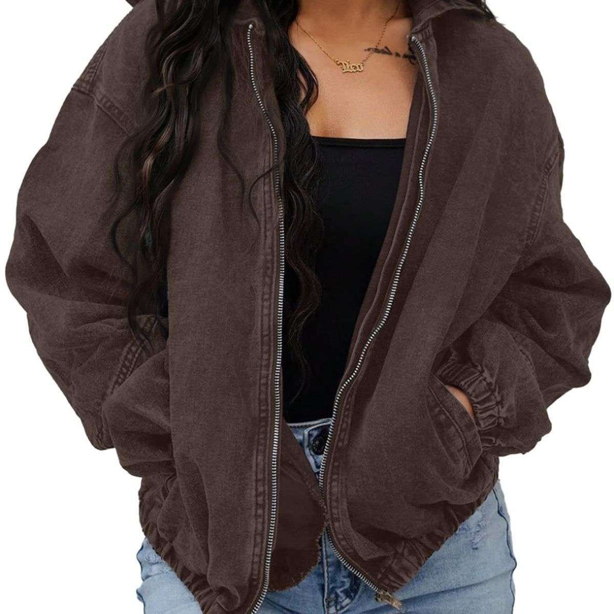 Women’s Zip Up Hooded Cropped Denim Jacket