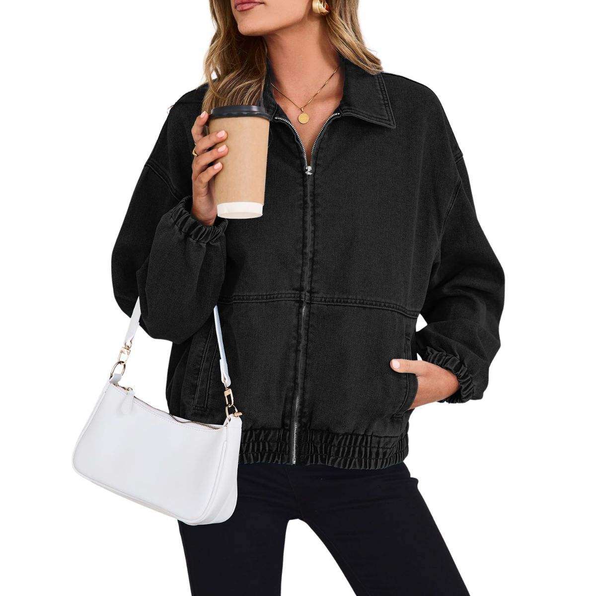 Women’s Zip Up Long Sleeve Loose Fit Denim Jacket