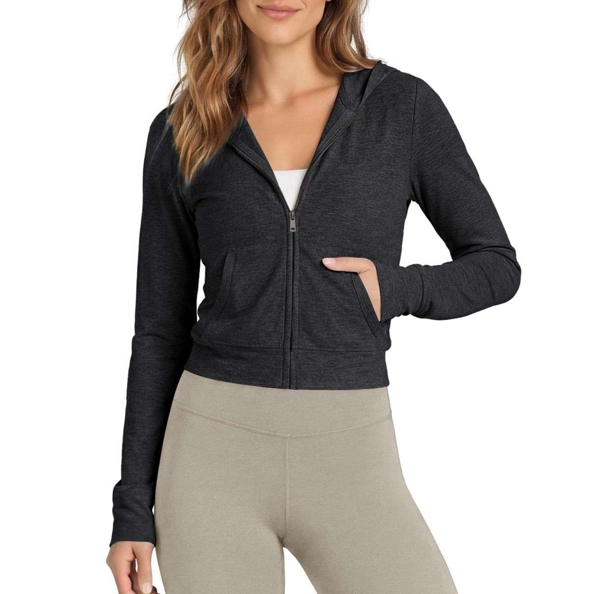 Women’s Full Zip Up Hooded Cropped Jacket with Pockets