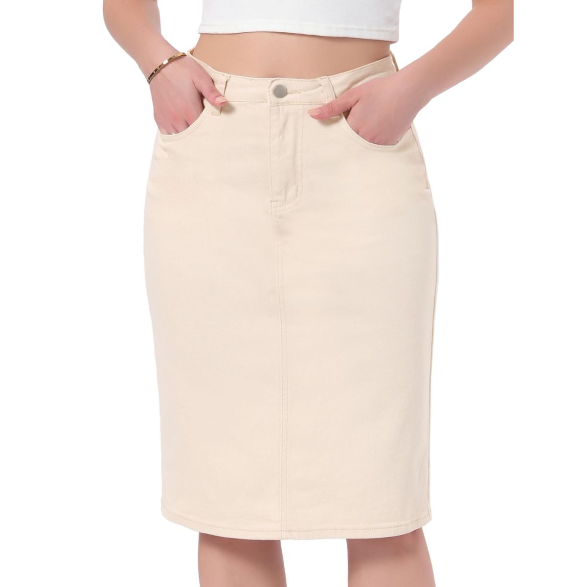 Women’s Stretchy Back Slit Midi Denim Skirt