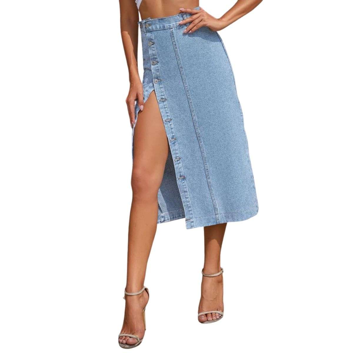 Women’s High Waisted Button Front Slit Midi Denim Skirt