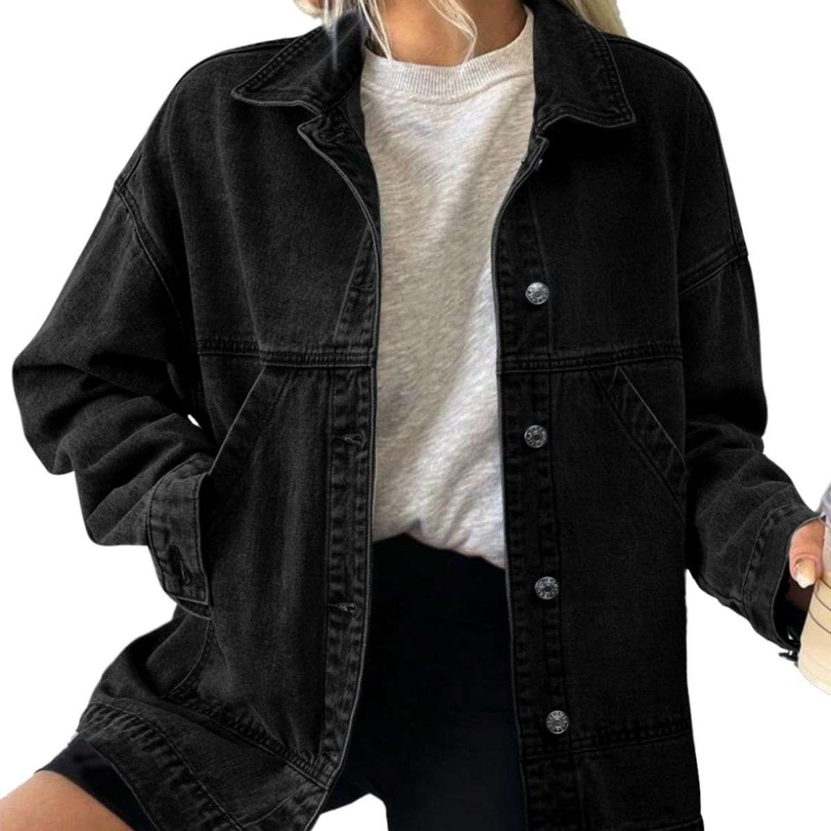 Women’s Casual Drop Shoulder Button Front Denim Jacket With Pockets