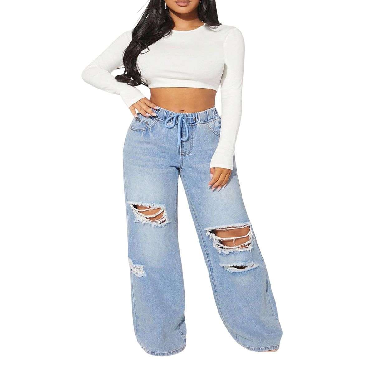 Plus Size Women’s Loose Wide Leg Ripped Distressed Jeans