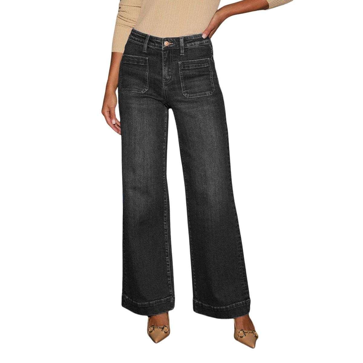 Women’s Solid Color Pocket High Rise Straight Leg Jeans