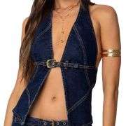 Women’s Halter Deep V Belted Front Split Denim Top