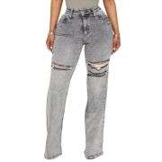 Women’s Ripped Washed High Rise Stretch Straight Wide Leg Jeans