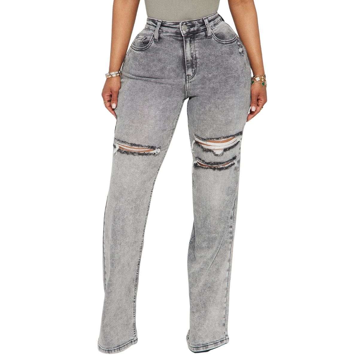 Women’s Ripped Washed High Rise Stretch Straight Wide Leg Jeans