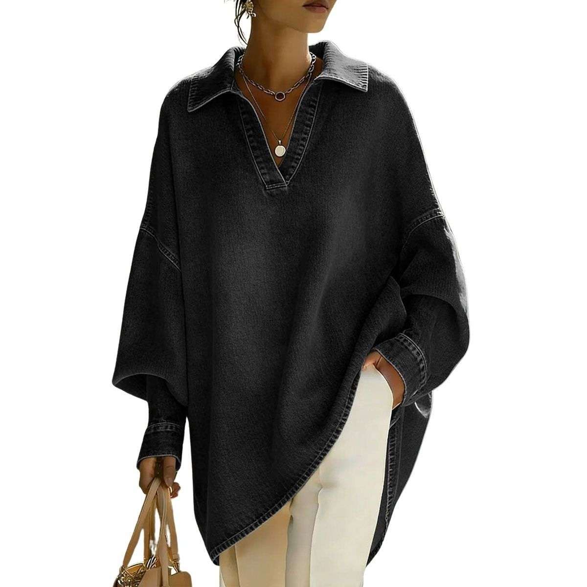 Women’s Collared V-Neck Oversized Long Sleeve Denim Tunic Shirt