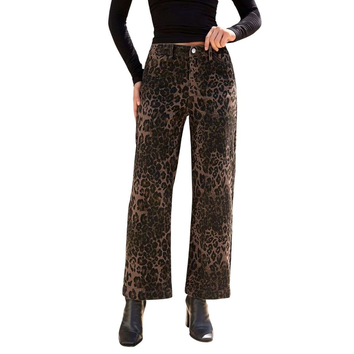 Women’s High Rise Wide Leg Stretch Leopard Print Ankle Jeans