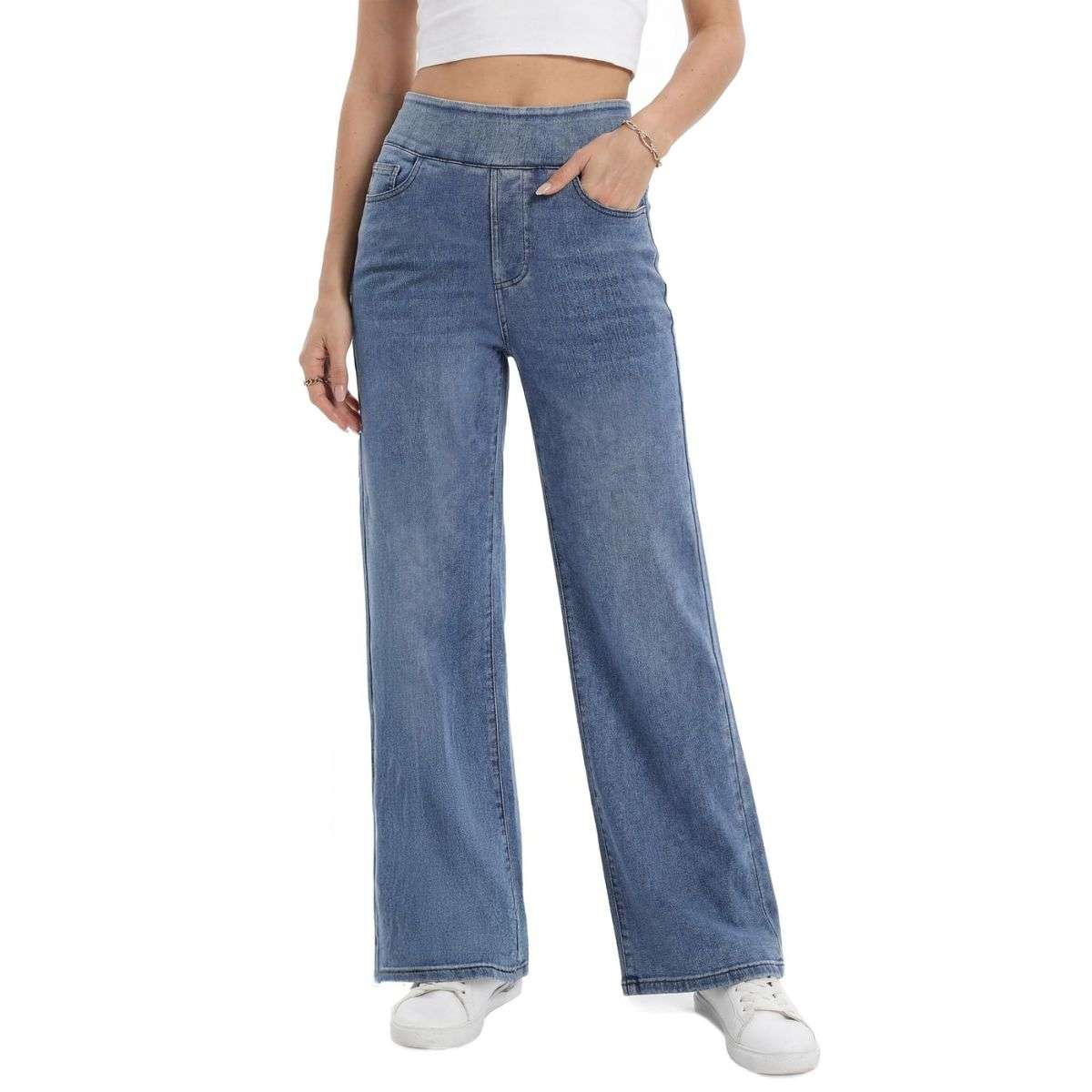 Women’s High Rise Elastic Waist Tummy Control Stretch Wide Leg Jeans