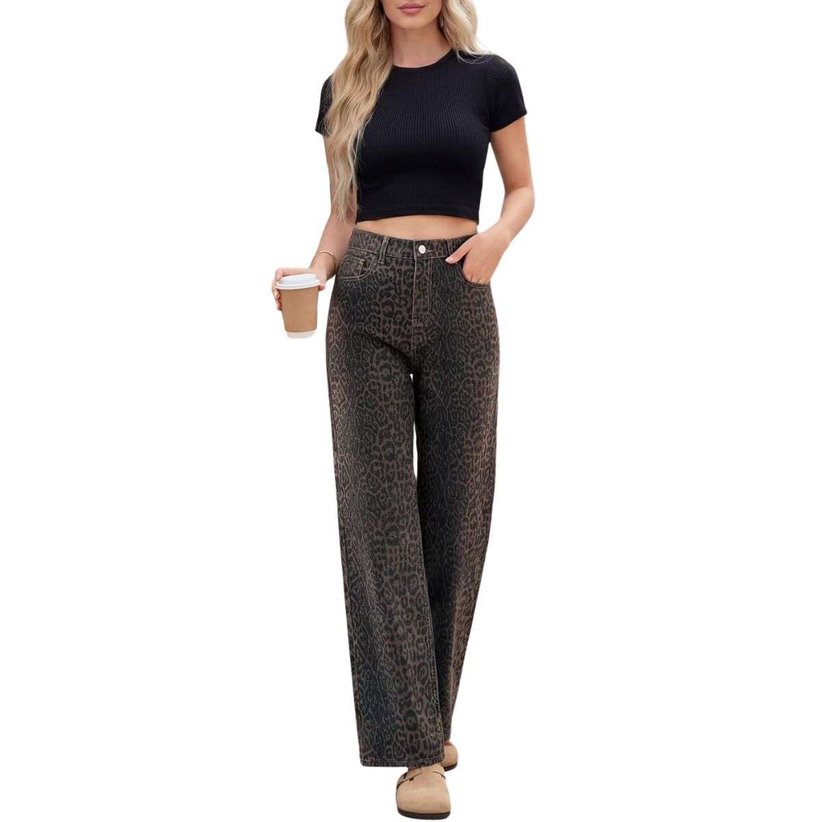 Women’s High Rise Leopard Print Wide Leg Loose Fit Jeans