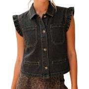 Women’s Sleeveless Ruffle Trim Cinched Short Denim Vest