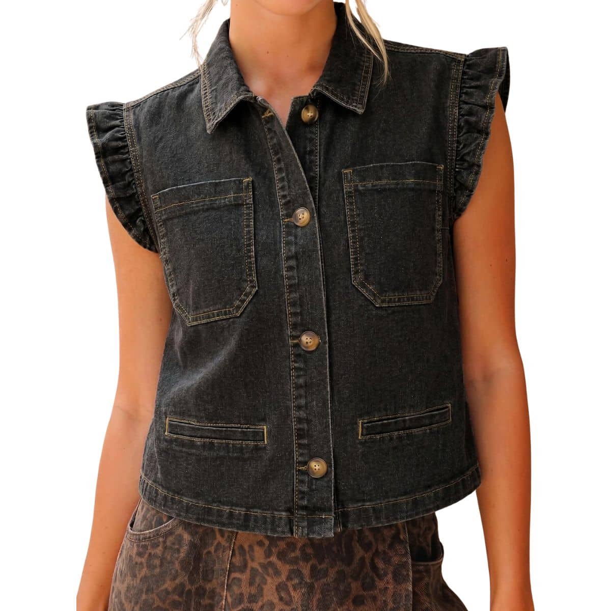 Women’s Sleeveless Ruffle Trim Cinched Short Denim Vest