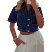 Women’s Short Sleeve Cropped Collared Button Denim Jacket