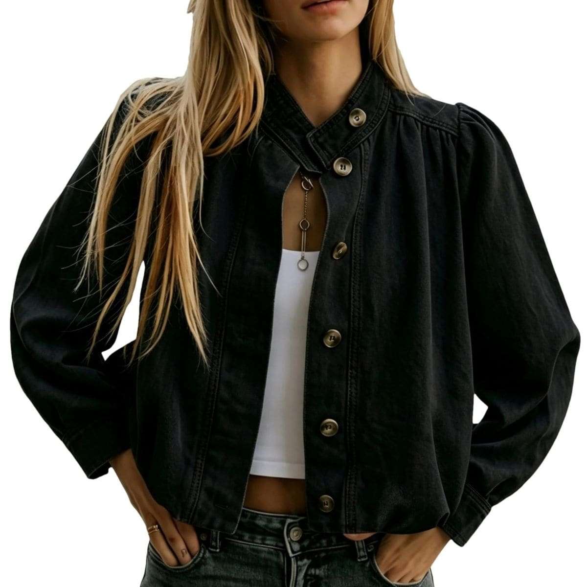 Women’s Puff Sleeve Button Vintage Denim Jacket
