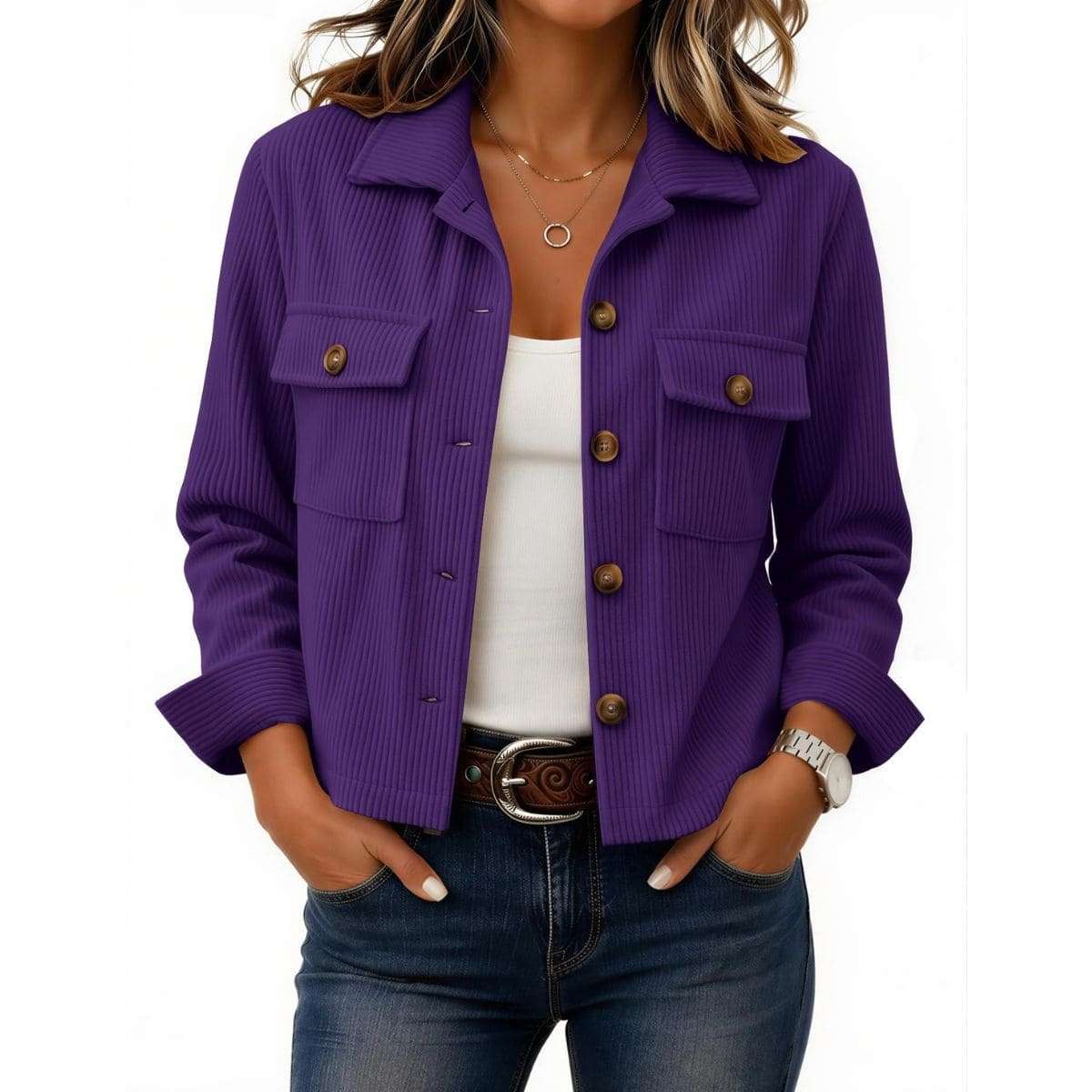 Women’s Fashion Cropped Corduroy Collared Long Sleeve Jacket