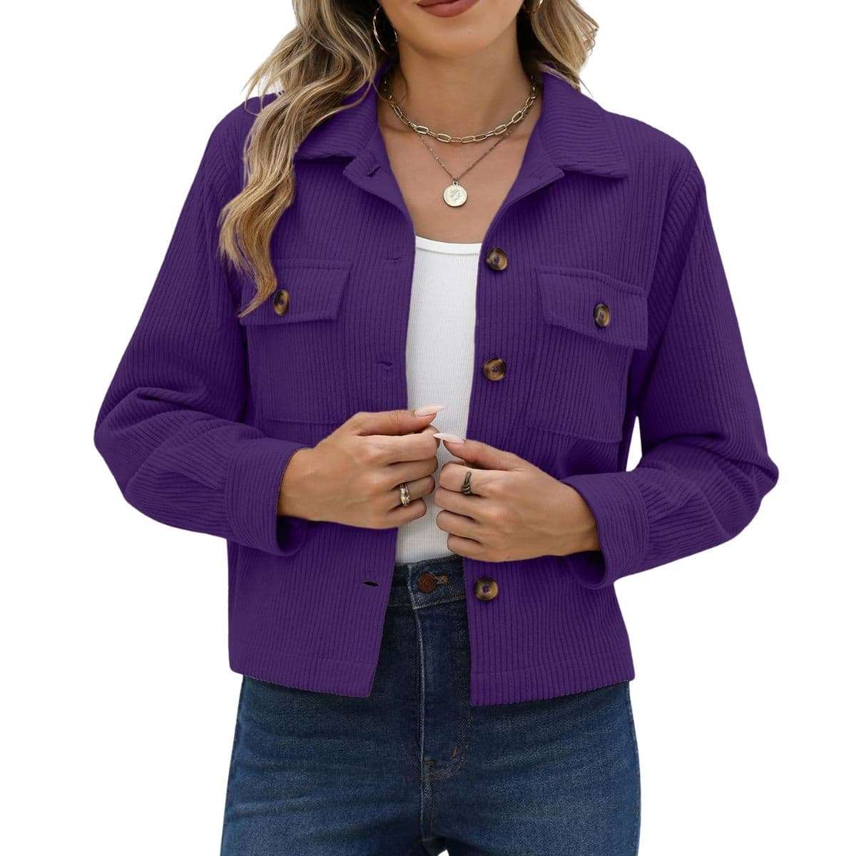 Women’s Fashion Cropped Corduroy Collared Long Sleeve Jacket