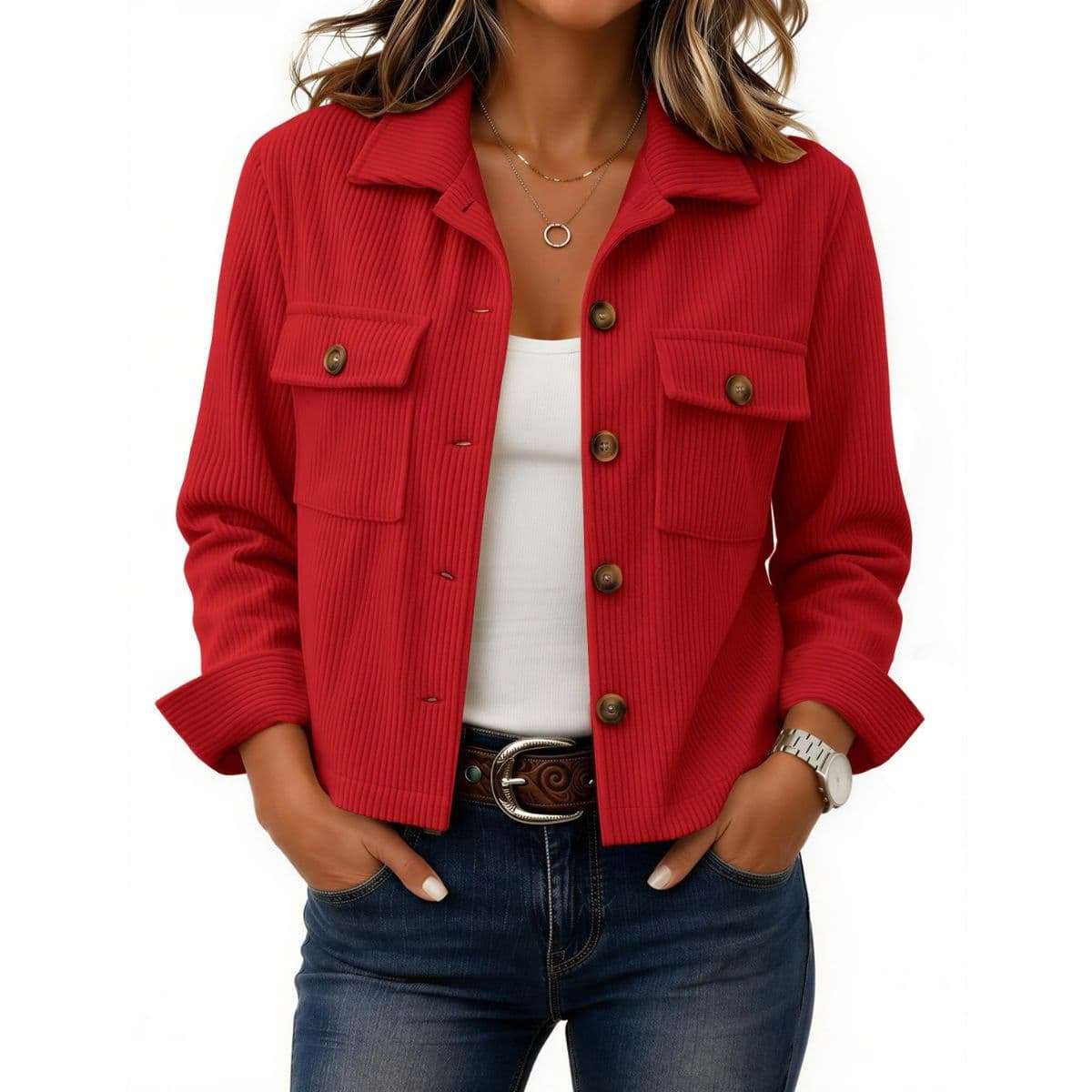 Women’s Fashion Cropped Corduroy Collared Long Sleeve Jacket