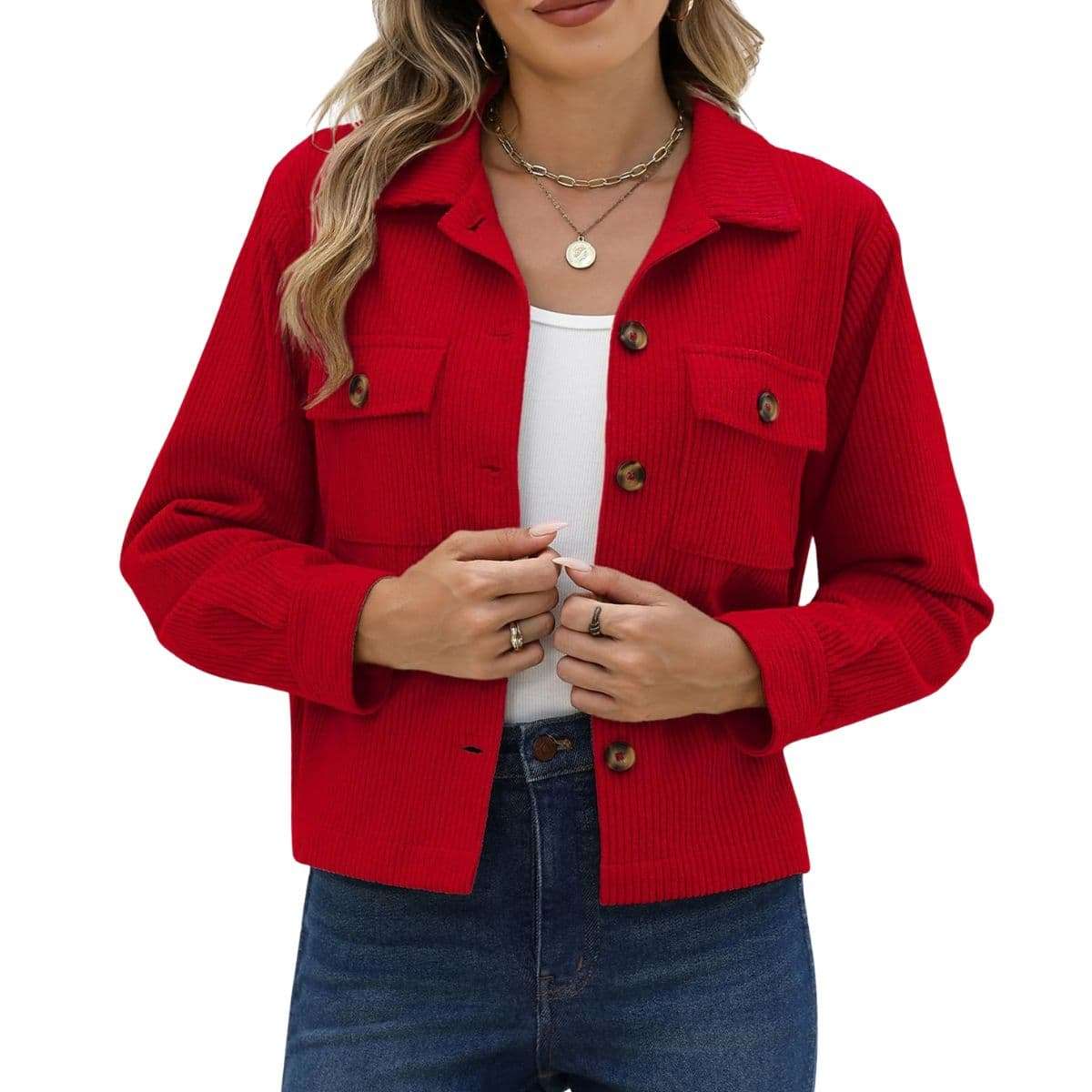 Women’s Fashion Cropped Corduroy Collared Long Sleeve Jacket