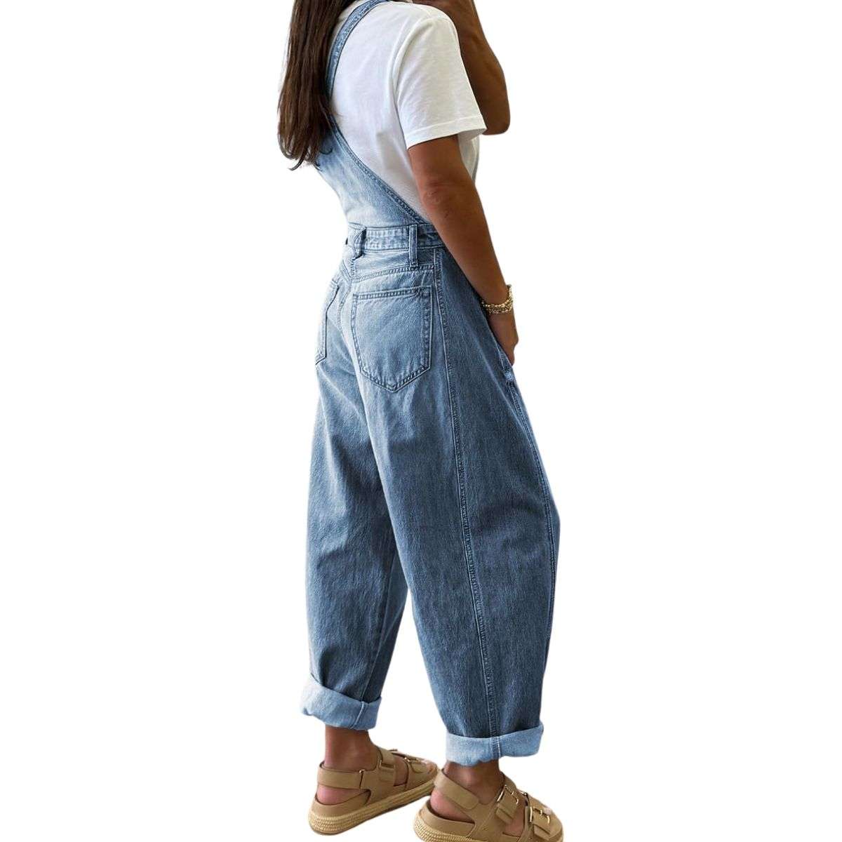 Women’s Loose Fit Adjustable Strap Cargo Denim Bib Overalls
