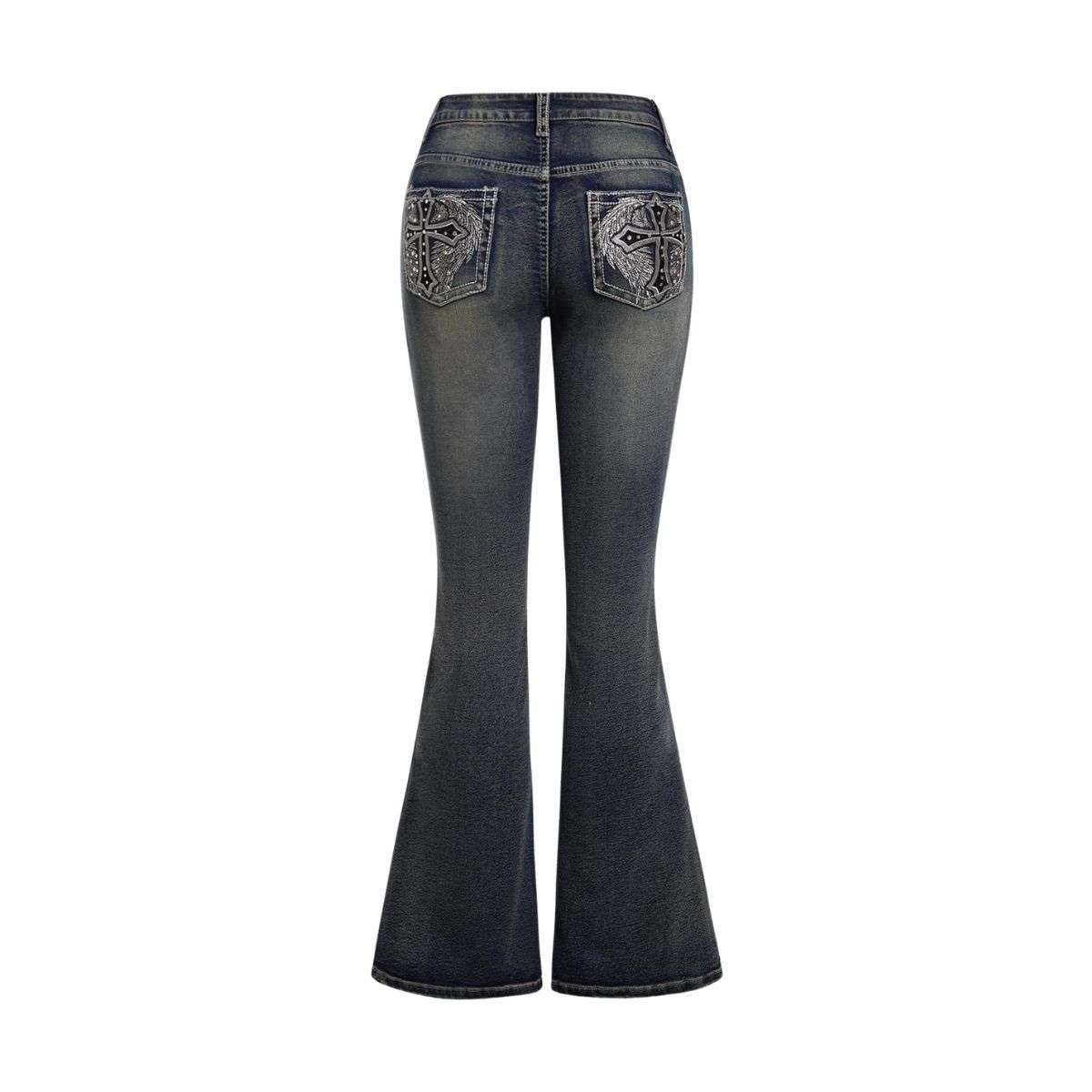 Women’s Gothic Punk Rhinestone Embroidered Flare Jeans