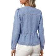 Women’s Collarless Button Front Cinched Waist Long Sleeve Denim Jacket