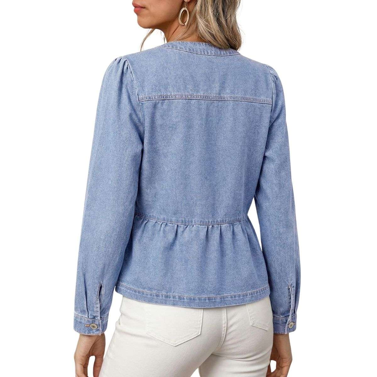 Women’s Collarless Button Front Cinched Waist Long Sleeve Denim Jacket