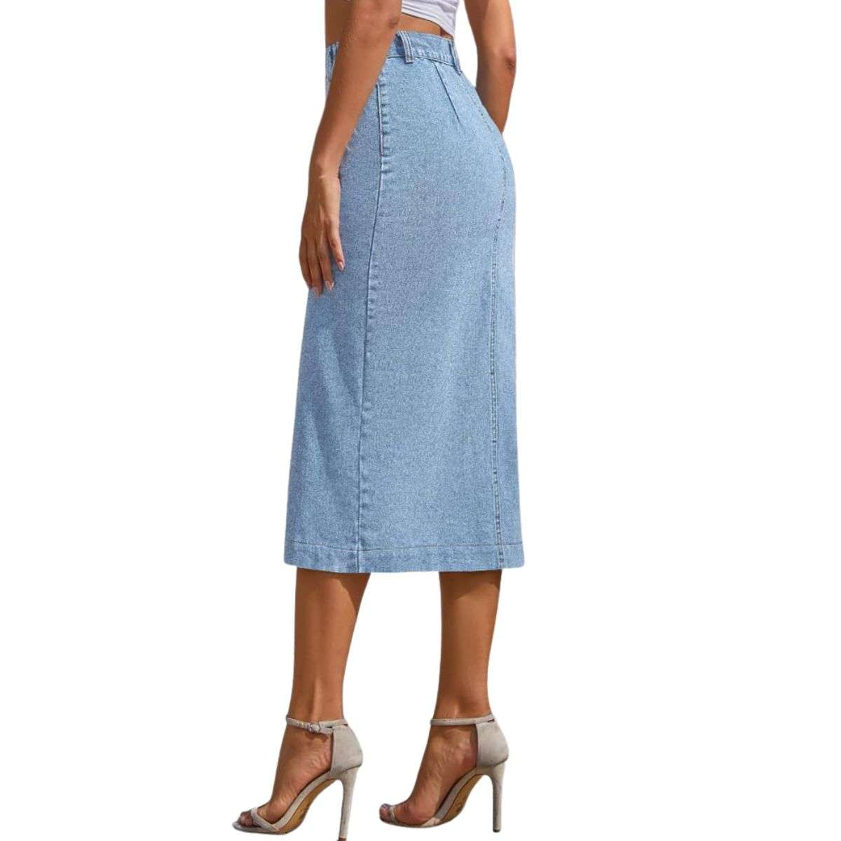 Women’s High Waisted Button Front Slit Midi Denim Skirt