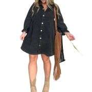 Women’s Button Front Long Sleeve Short Denim Dress