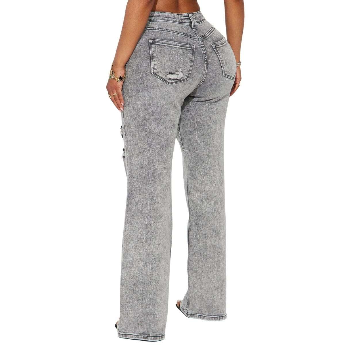 Women’s Ripped Washed High Rise Stretch Straight Wide Leg Jeans
