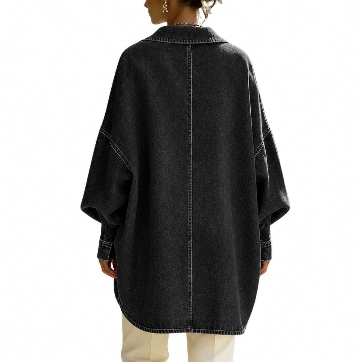 Women’s Collared V-Neck Oversized Long Sleeve Denim Tunic Shirt