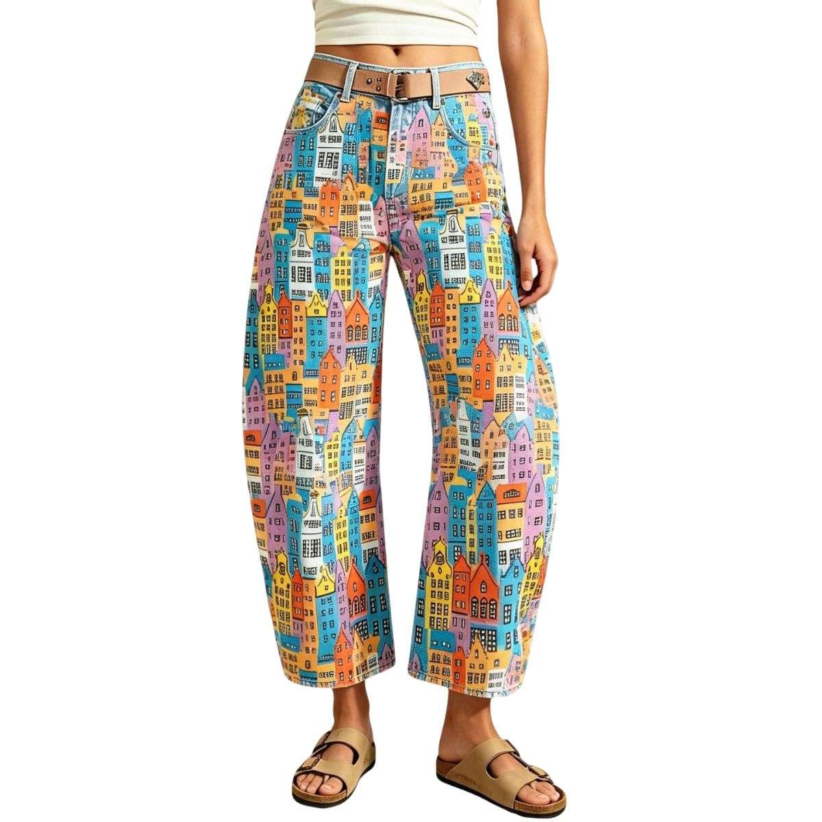 Women’s Mid Rise Printed Loose Barrel Leg Jeans
