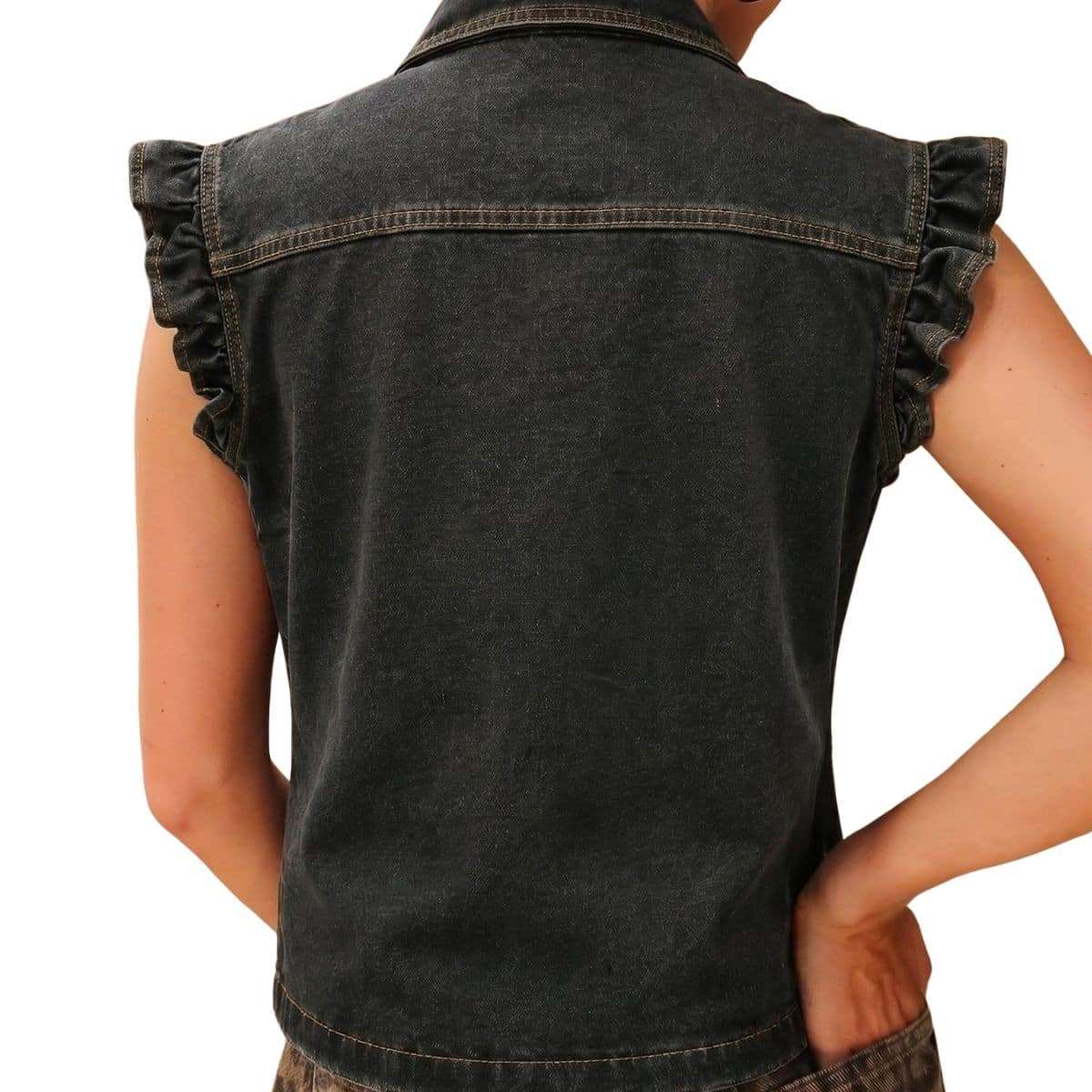 Women’s Sleeveless Ruffle Trim Cinched Short Denim Vest