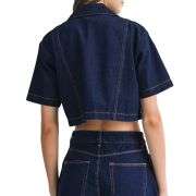 Women’s Short Sleeve Cropped Collared Button Denim Jacket