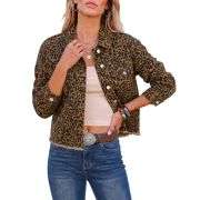 Women’s Cheetah Print Stretch Frayed Hem Denim Jacket