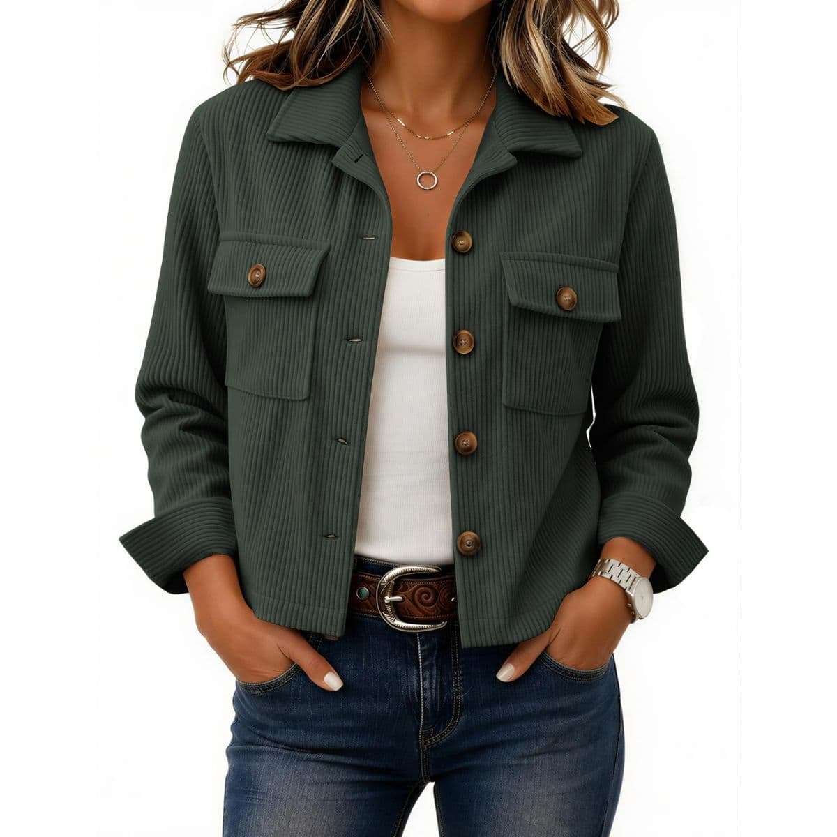 Women’s Fashion Cropped Corduroy Collared Long Sleeve Jacket