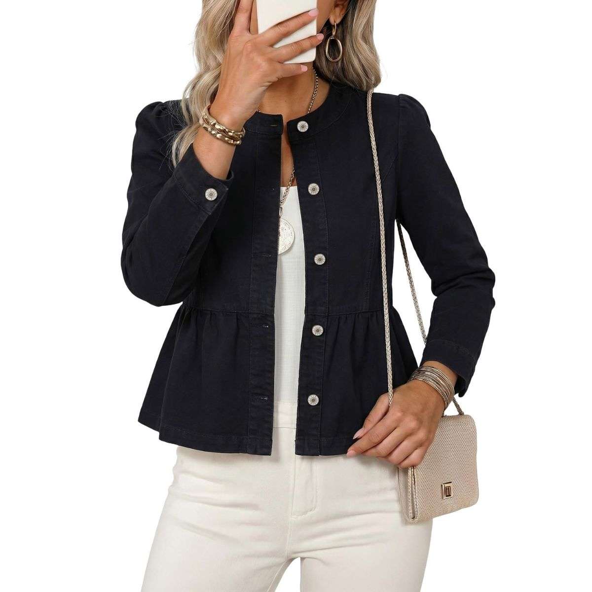 Women’s Collarless Button Front Cinched Waist Long Sleeve Denim Jacket
