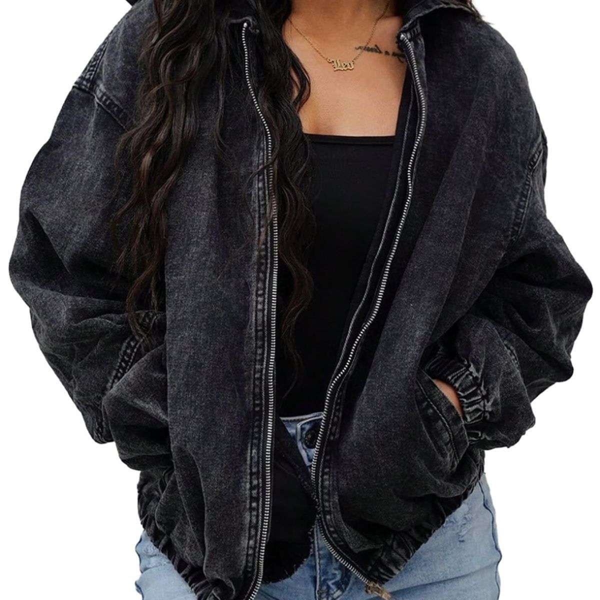 Women’s Zip Up Hooded Cropped Denim Jacket
