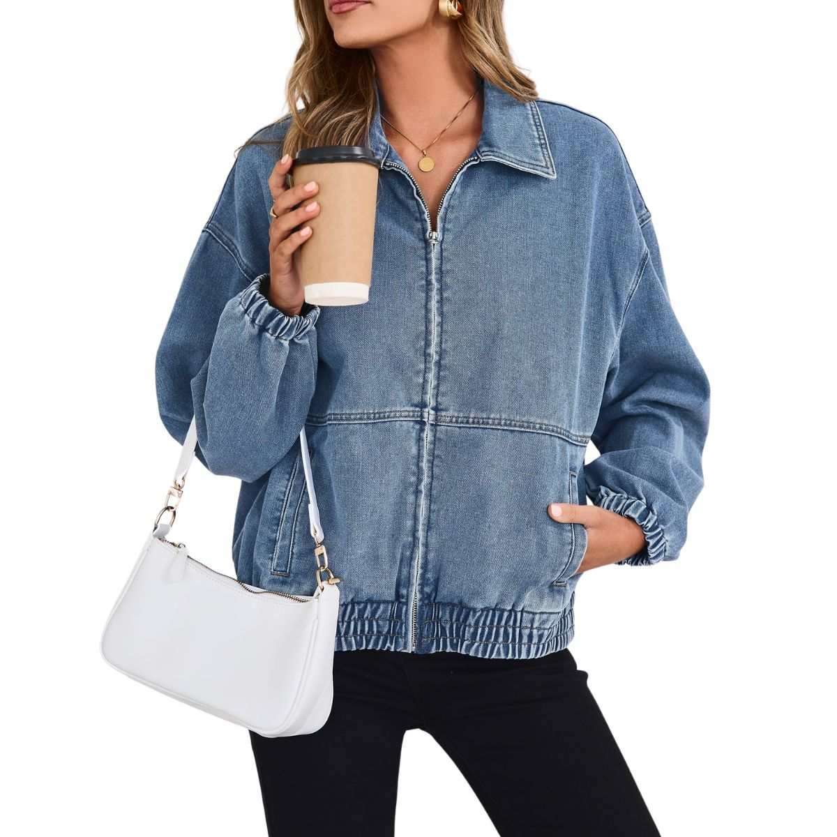 Women’s Zip Up Long Sleeve Loose Fit Denim Jacket