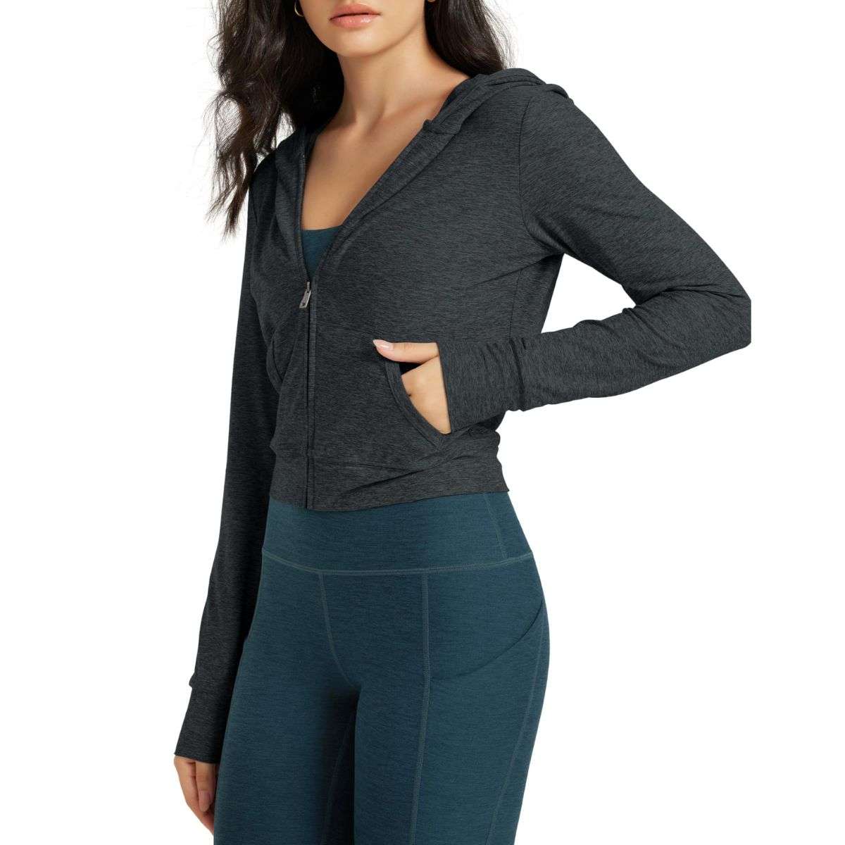 Women’s Full Zip Up Hooded Cropped Jacket with Pockets