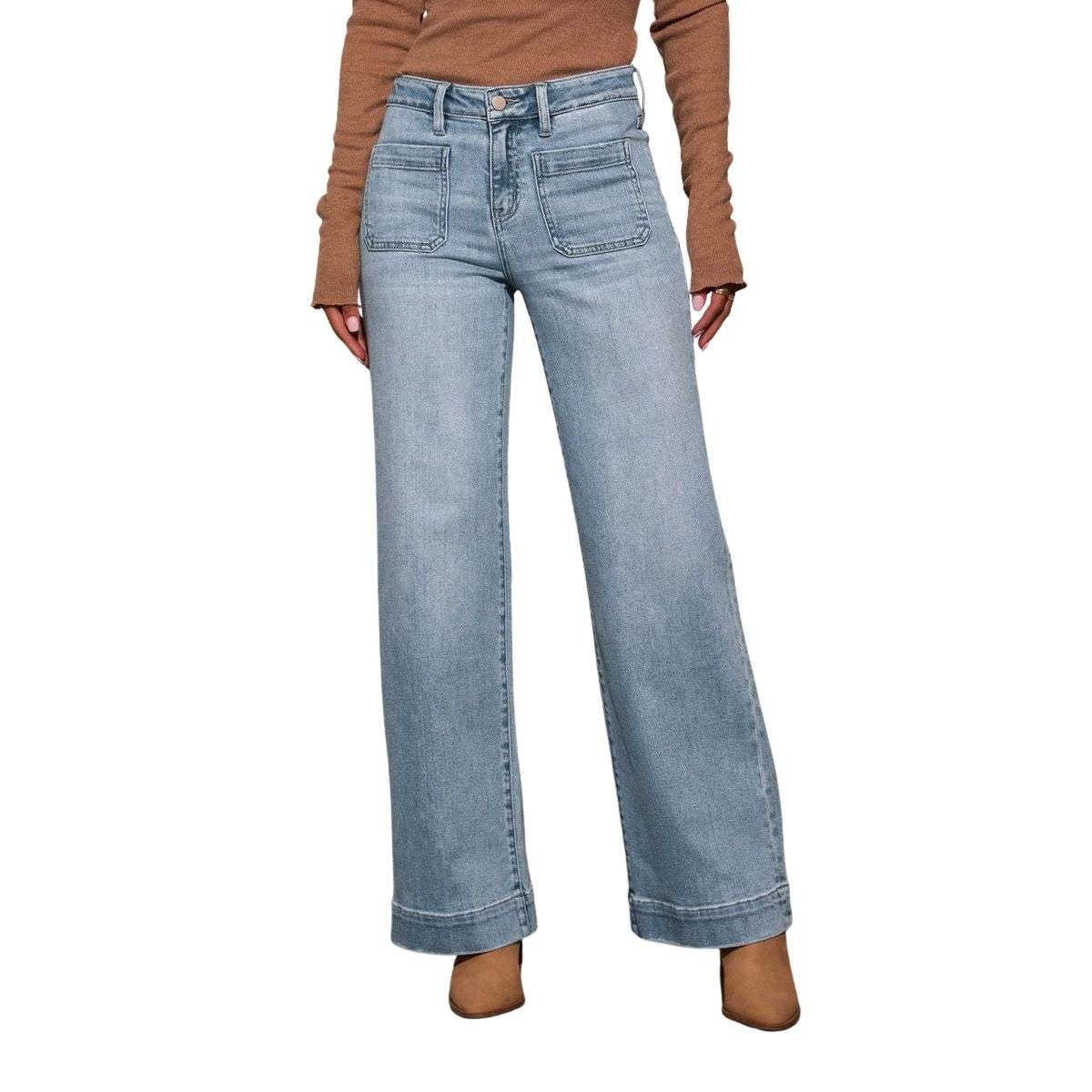 Women’s Solid Color Pocket High Rise Straight Leg Jeans