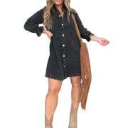 Women’s Button Front Long Sleeve Short Denim Dress