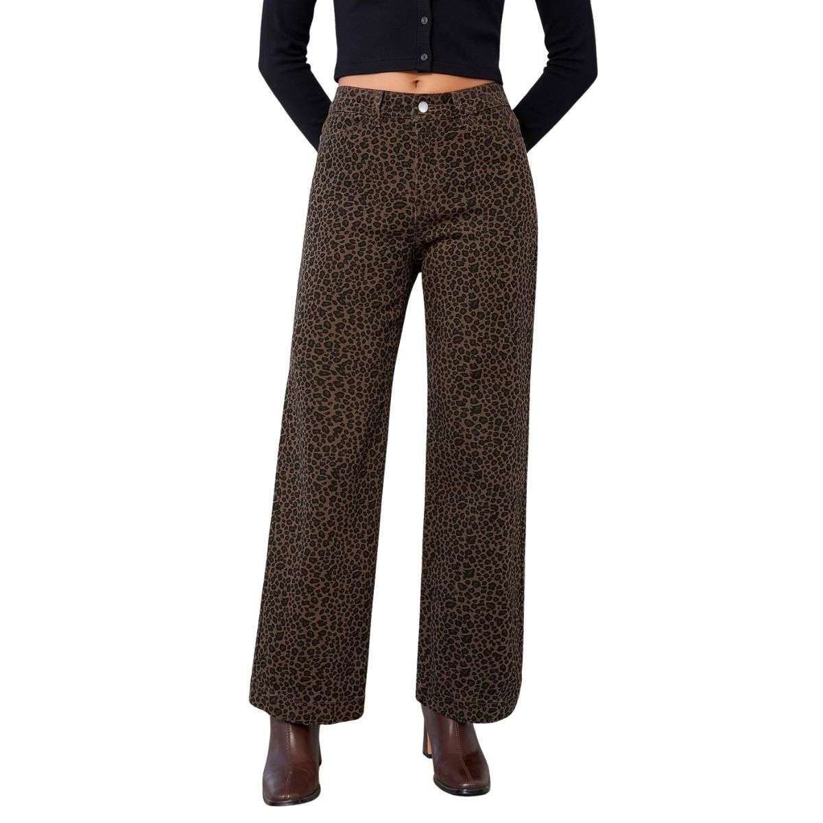 Women’s High Rise Wide Leg Stretch Leopard Print Ankle Jeans